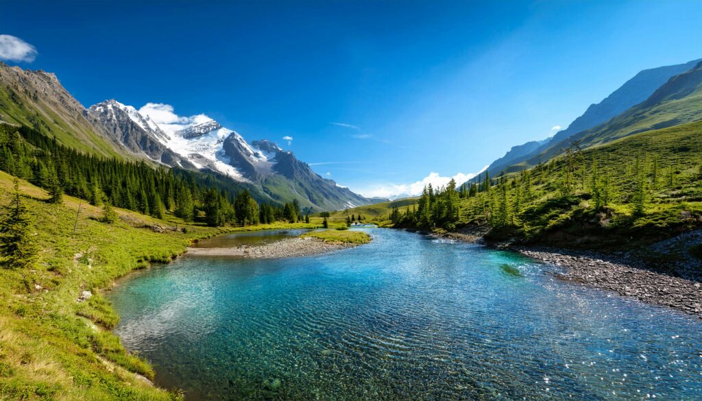 Breathtaking view of a clear mountain river alongside alpine peaks and lush greenery under a blue sky.